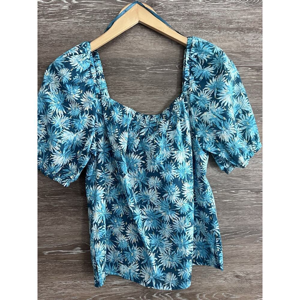 Michael Kors Blouse Sz M Top Metallic Blue Blouse Short Sleeve Cotton NWT